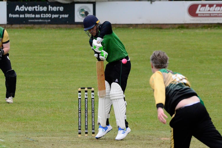 Ivybridge batsman Dylan Squire fends off a short ball from Bradninch & Kentisbeare seamer Mitch Pugh