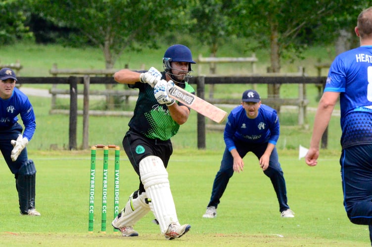 Ivybridge's top scorer Dinesh Raheja steers the Heathcoat bowling through the covers 56_Dinesh_Raheja_3278 copy