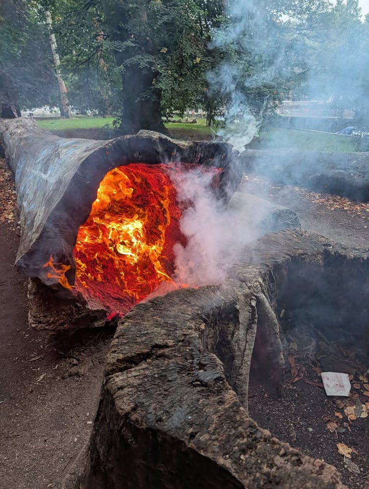 A tree trunk on fire at Vire Island