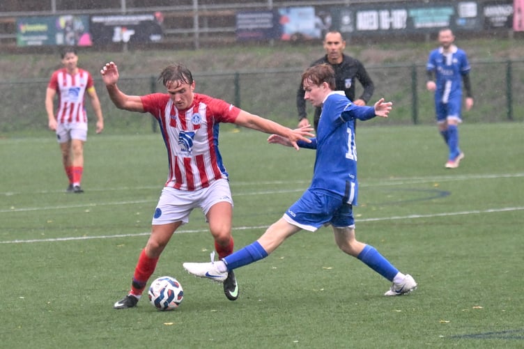 South Devon Football League Division 2. Match action from Paignton Saints 2nds versus Newton Abbot Spurs 3rds. Saints came off second best on a very wet afternoon going down 1-4 to Spurs