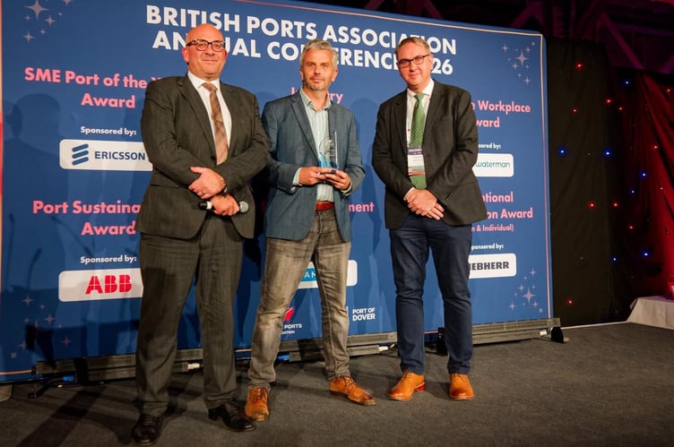 Dart Harbourmaster and CEO Paul Britton receives the award from Chief Executive British Ports Association Richard Ballantyne